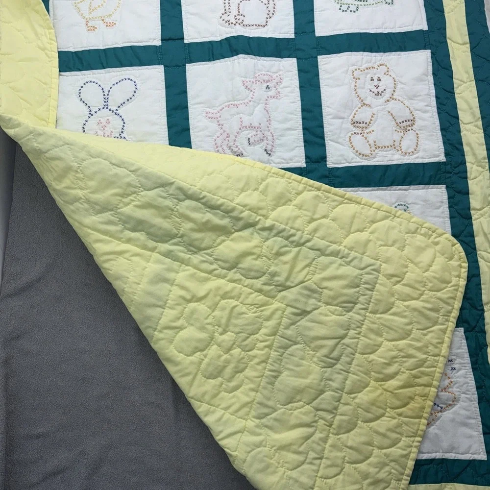 Vintage Cross Stitched Baby Quilt Completed 55X42